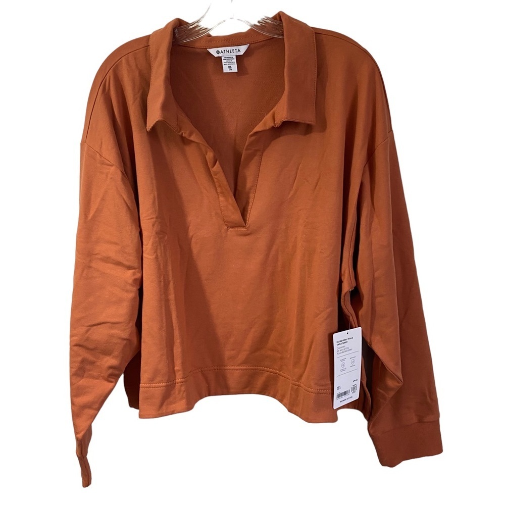 Athleta Retroterry Polo Sweatshirt Sunbaked Clay Orange Boxy Relaxed Size XL NEW